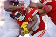Clyde Edwards-Helaire forcing his way past the Buffalo Bills defense